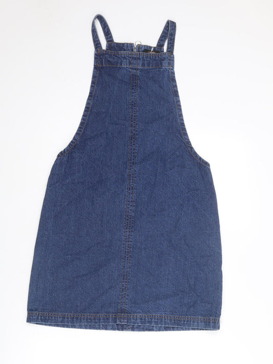 Matalan Womens Blue Cotton Pinafore/Dungaree Dress Size 10 Square Neck Zip