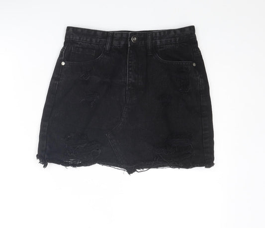 Denim Club Womens Black Cotton Mini Skirt Size 10 Zip - Distressed look