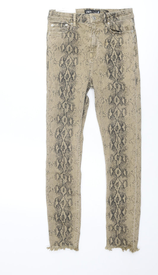 Zara Womens Brown Animal Print Cotton Skinny Jeans Size 10 Regular Zip - Snakeskin pattern