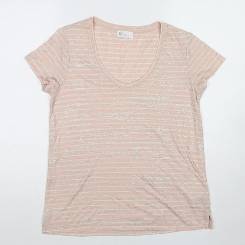 Gap Womens Beige Striped Linen Basic T-Shirt Size S Scoop Neck