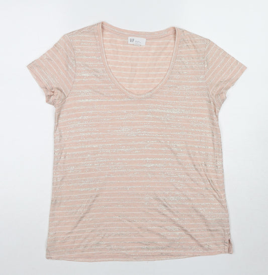 Gap Womens Beige Striped Linen Basic T-Shirt Size S Scoop Neck