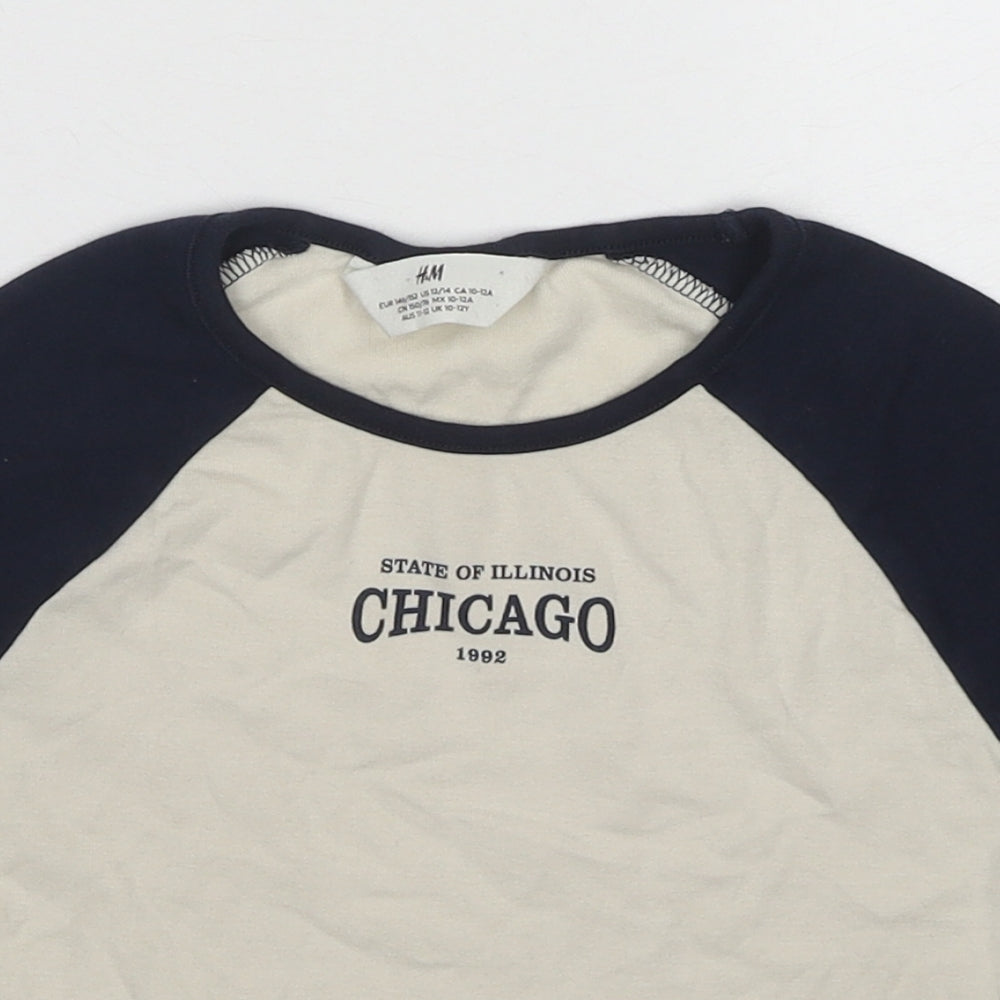 H&M Girls Beige Cotton Basic T-Shirt Size 10-11 Years Round Neck Pullover - 10-12 Years, Chicago