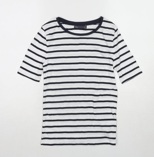 Marks and Spencer Womens White Striped Cotton Basic T-Shirt Size 10 Round Neck