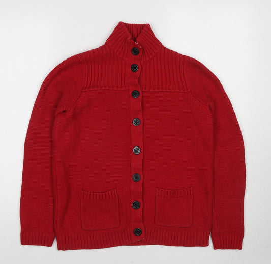 Lands' End Womens Red High Neck Cotton Cardigan Jumper Size 10 - Size 10-12