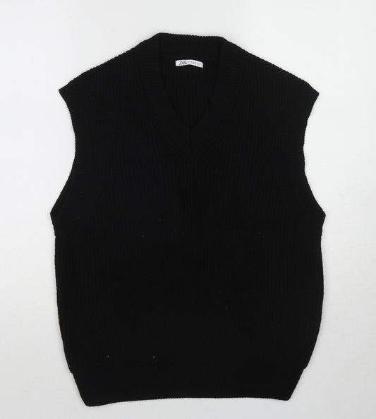 Zara Womens Black V-Neck Acrylic Vest Jumper Size L