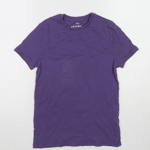 Marks and Spencer Girls Purple Cotton Basic T-Shirt Size 9-10 Years Round Neck Pullover