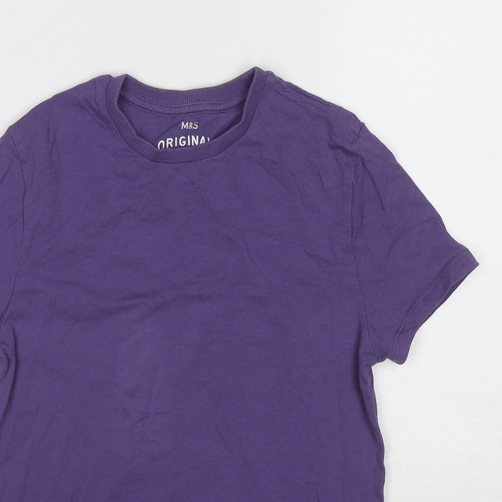 Marks and Spencer Girls Purple Cotton Basic T-Shirt Size 9-10 Years Round Neck Pullover