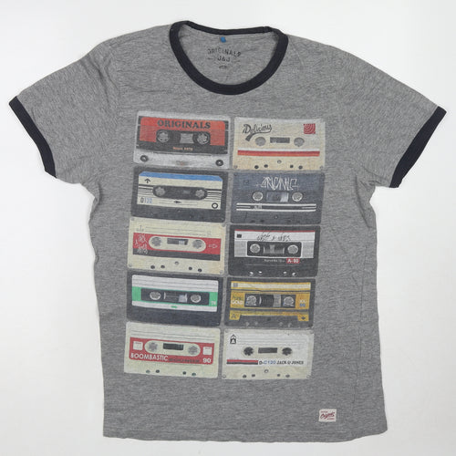 JACK & JONES Mens Grey Cotton T-Shirt Size M Round Neck - Cassette tape print