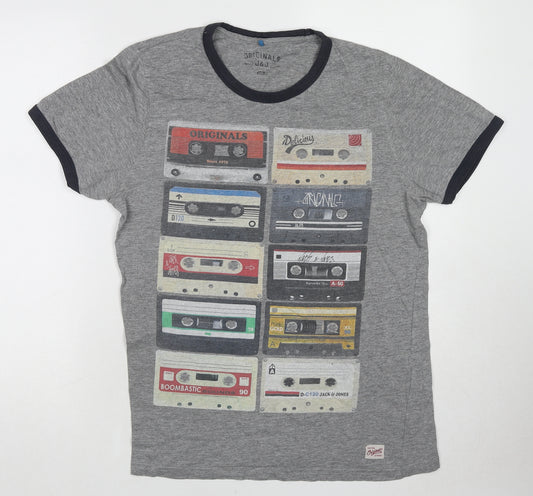 JACK & JONES Mens Grey Cotton T-Shirt Size M Round Neck - Cassette tape print