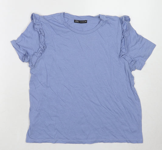 Zara Womens Blue Cotton Basic T-Shirt Size M Round Neck
