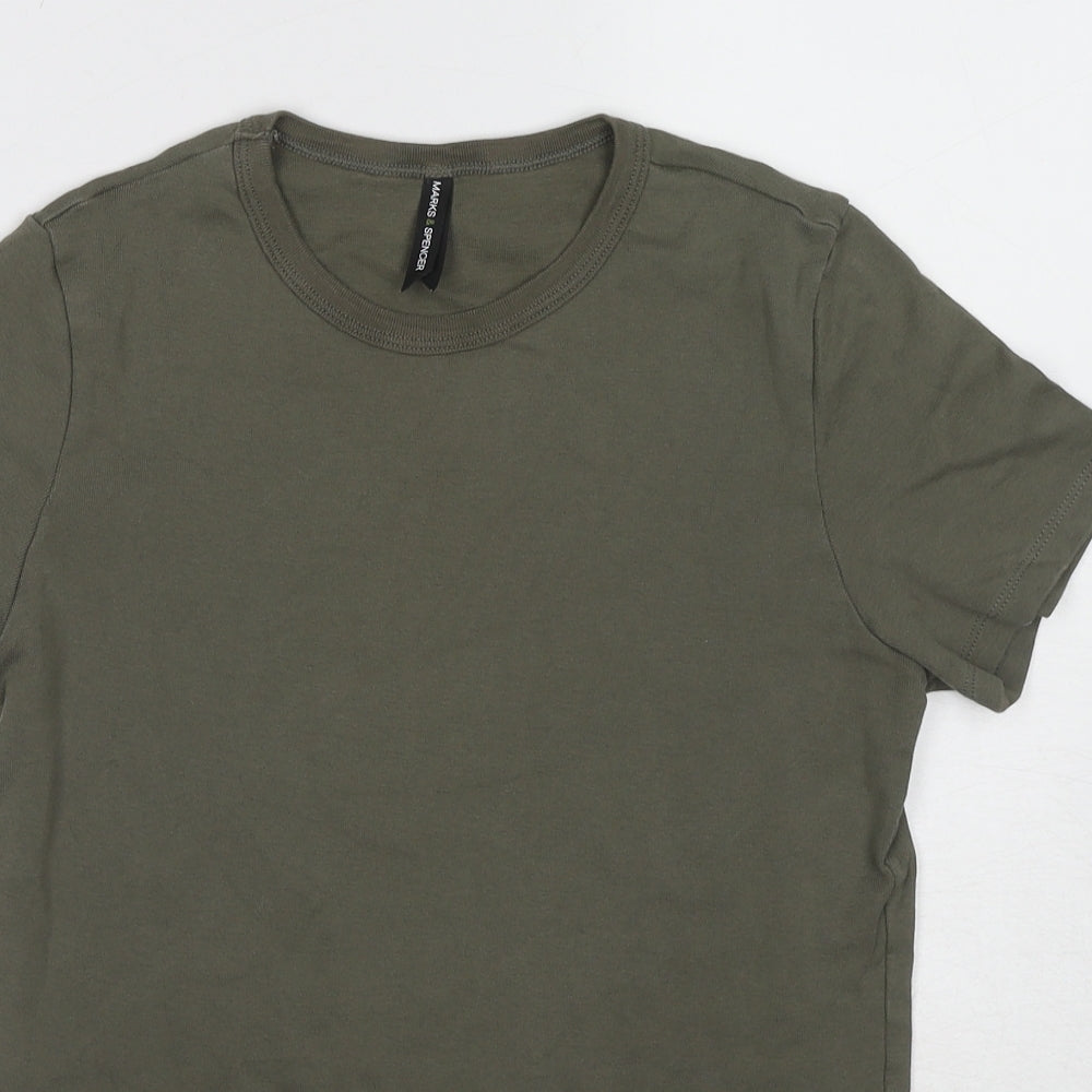 Marks and Spencer Womens Green Cotton Basic T-Shirt Size 16 Round Neck