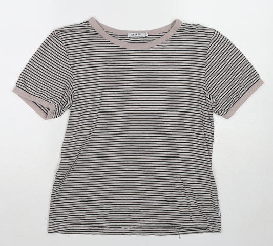 Ghanda Womens Beige Striped Cotton Basic T-Shirt Size 10 Round Neck