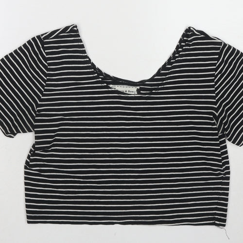 Hearts & Bows Womens Black Striped Cotton Cropped T-Shirt Size 12 Scoop Neck