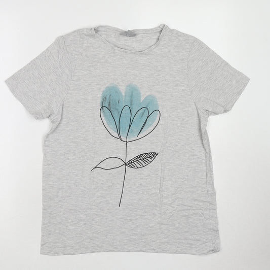 Oliver Bonas Womens Grey Modal Basic T-Shirt Size 8 Round Neck - Flower Print