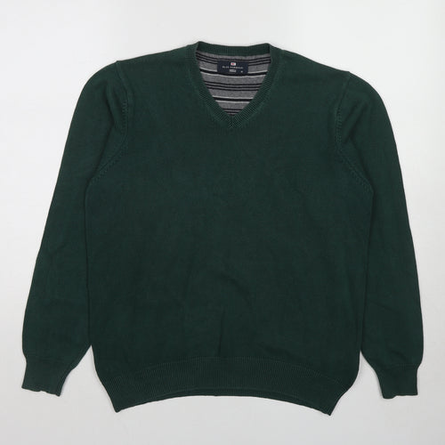 Blue Harbour Mens Green V-Neck Cotton Pullover Jumper Size M Long Sleeve