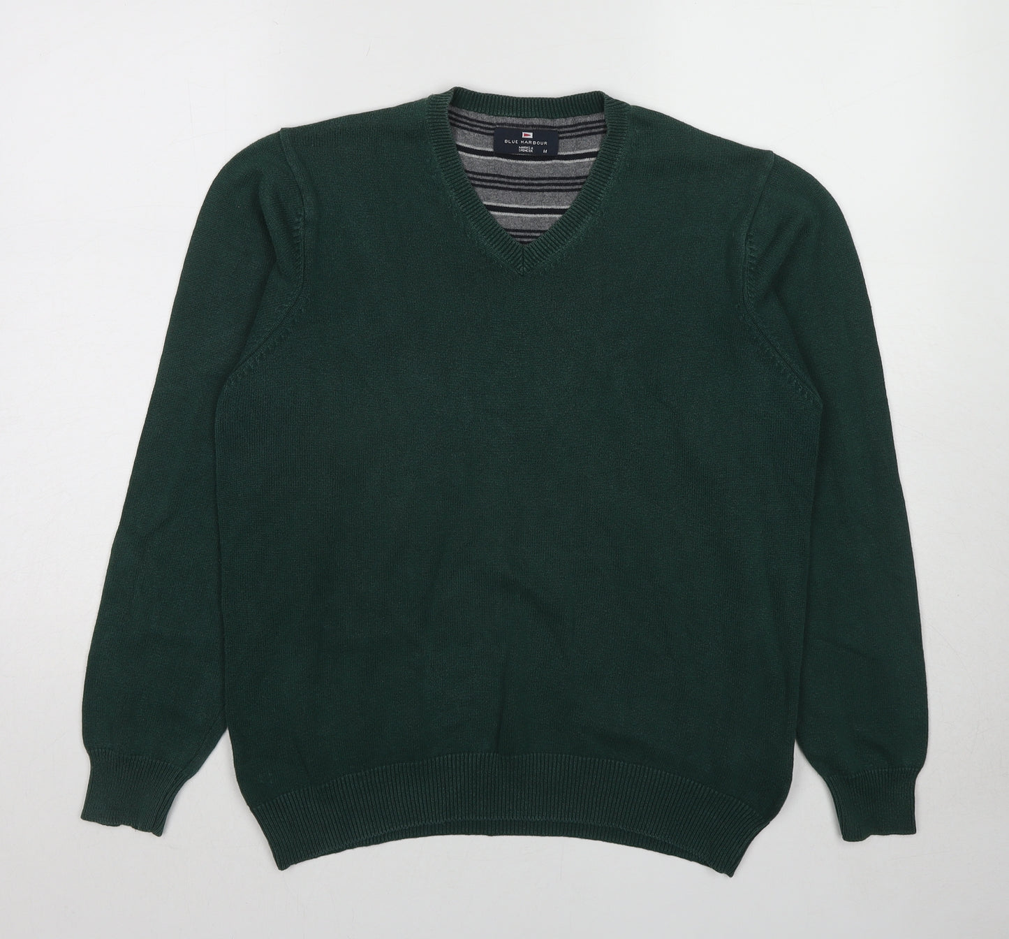 Blue Harbour Mens Green V-Neck Cotton Pullover Jumper Size M Long Sleeve