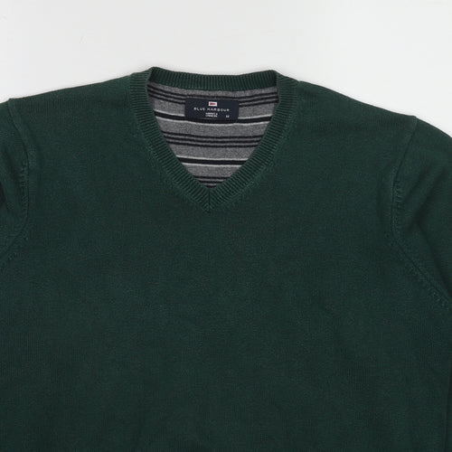 Blue Harbour Mens Green V-Neck Cotton Pullover Jumper Size M Long Sleeve