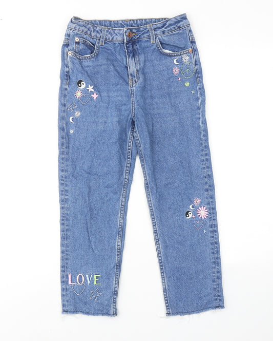 Marks and Spencer Girls Blue Cotton Straight Jeans Size 10-11 Years Regular Zip - Peace & Love