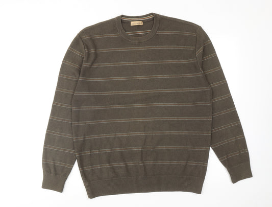 Marks and Spencer Mens Brown Round Neck Striped Cotton Pullover Jumper Size L Long Sleeve