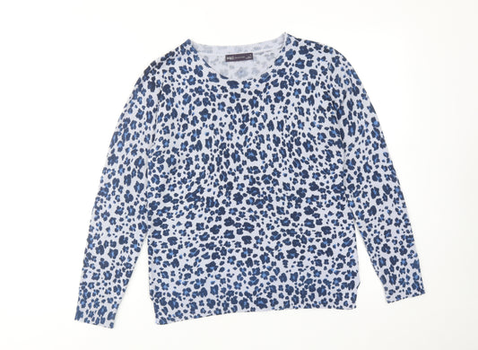 Marks and Spencer Womens Blue Round Neck Animal Print Acrylic Pullover Jumper Size 12 - Leopard Print
