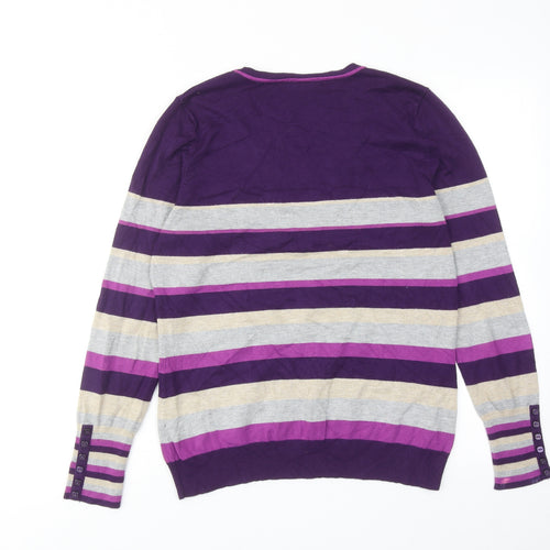 M&Co Womens Purple V-Neck Striped Viscose Pullover Jumper Size 14