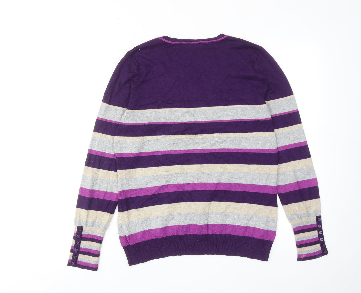 M&Co Womens Purple V-Neck Striped Viscose Pullover Jumper Size 14