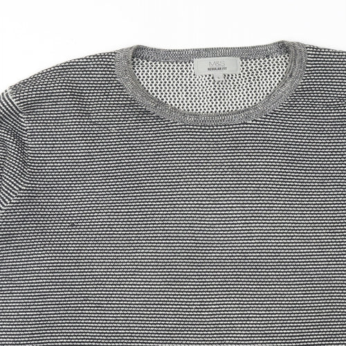 Marks and Spencer Mens Black Round Neck Striped Cotton Pullover Jumper Size L Long Sleeve