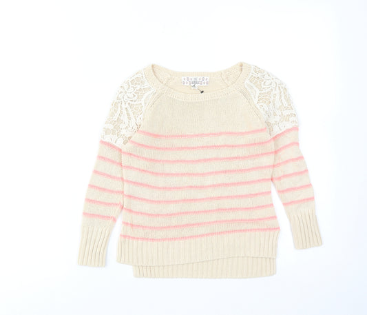 Pink Republic Womens Beige Round Neck Striped Cotton Pullover Jumper Size 4 - Lace Detail