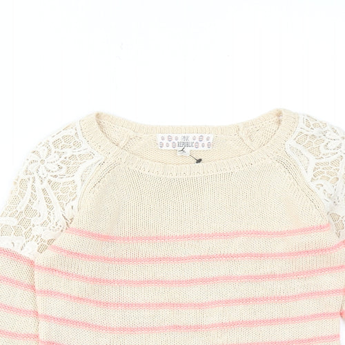 Pink Republic Womens Beige Round Neck Striped Cotton Pullover Jumper Size 4 - Lace Detail