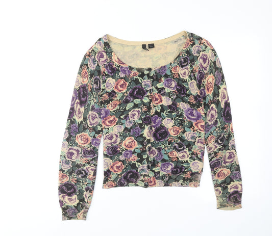 H&M Womens Multicoloured Round Neck Floral Cotton Cardigan Jumper Size 10