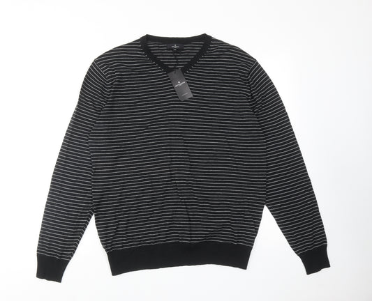 Jeff Banks Mens Black V-Neck Striped Cotton Pullover Jumper Size S Long Sleeve