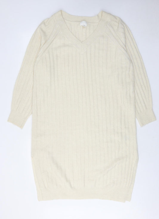 H&M Womens Ivory Acrylic Jumper Dress Size M V-Neck Pullover
