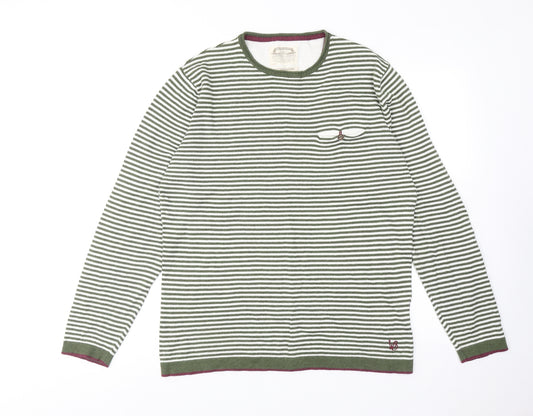 White Stuff Mens Green Round Neck Striped Cotton Pullover Jumper Size M Long Sleeve