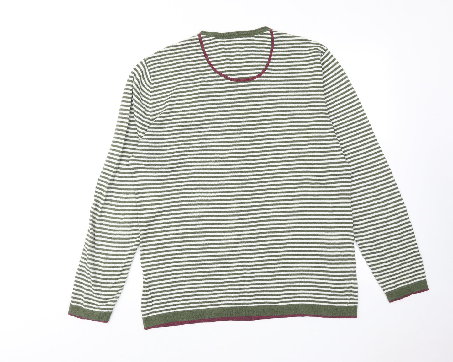 White Stuff Mens Green Round Neck Striped Cotton Pullover Jumper Size M Long Sleeve