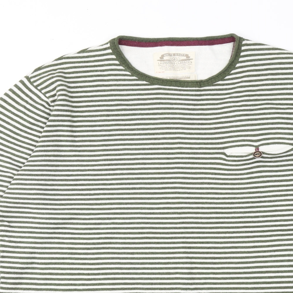 White Stuff Mens Green Round Neck Striped Cotton Pullover Jumper Size M Long Sleeve