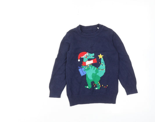 Mini Club Boys Blue Round Neck Cotton Pullover Jumper Size 2-3 Years Pullover - Dinosaur Christmas