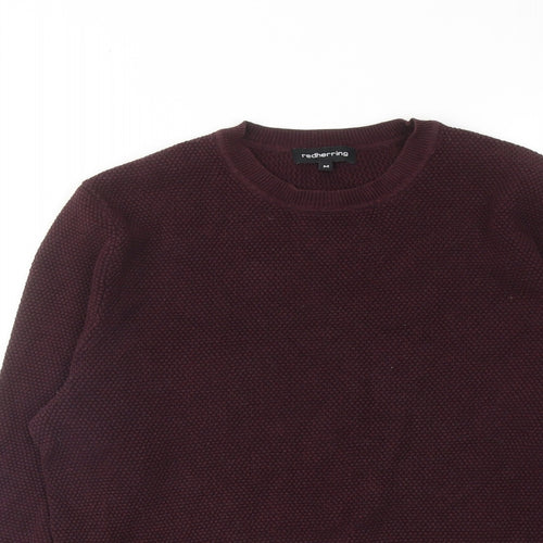 Red Herring Mens Red Round Neck Cotton Pullover Jumper Size M Long Sleeve