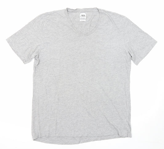 Zara Mens Grey Polyester T-Shirt Size XL V-Neck