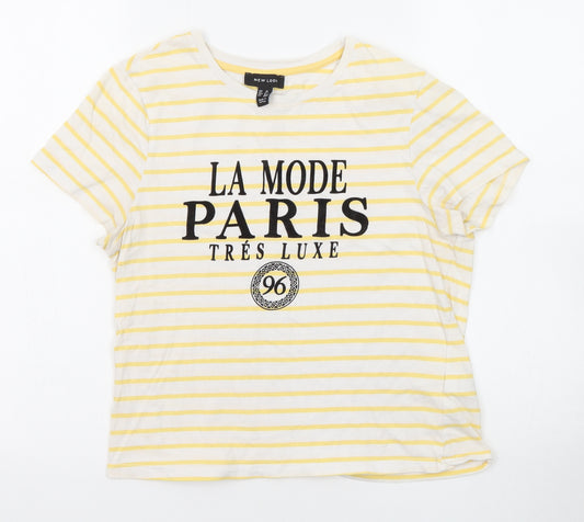 New Look Womens Yellow Striped Cotton Basic T-Shirt Size 10 Round Neck - Paris