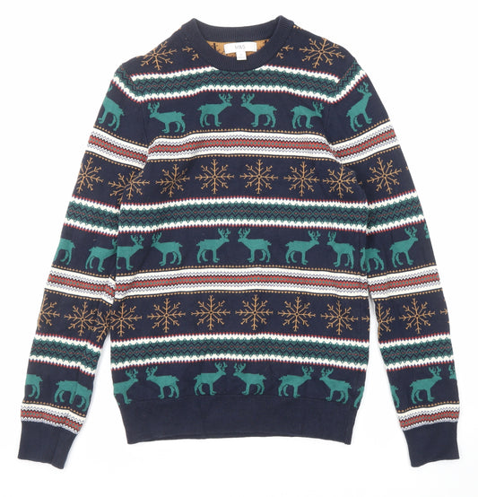 Marks and Spencer Mens Multicoloured Round Neck Fair Isle Cotton Pullover Jumper Size XS Long Sleeve - Reindeer Snowflakes