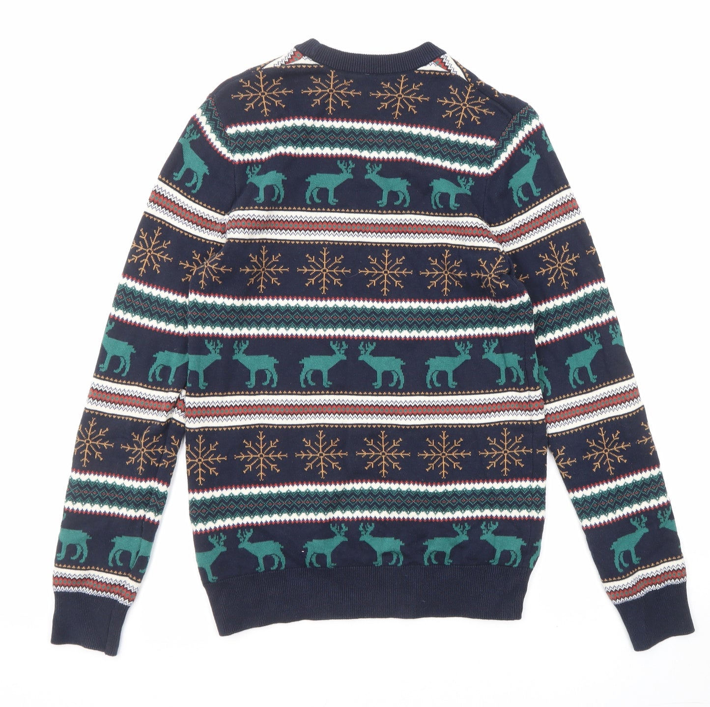 Marks and Spencer Mens Multicoloured Round Neck Fair Isle Cotton Pullover Jumper Size XS Long Sleeve - Reindeer Snowflakes