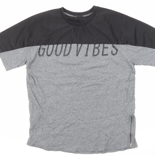 Seed Mens Grey Colourblock Cotton T-Shirt Size L Crew Neck Zip - Good vibes