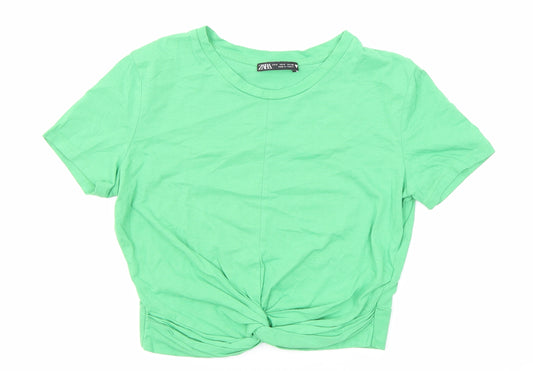 Zara Womens Green Cotton Basic T-Shirt Size S Round Neck - Twist Detail