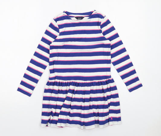 Joules Girls Blue Striped Cotton A-Line Size 9 Years Round Neck Button