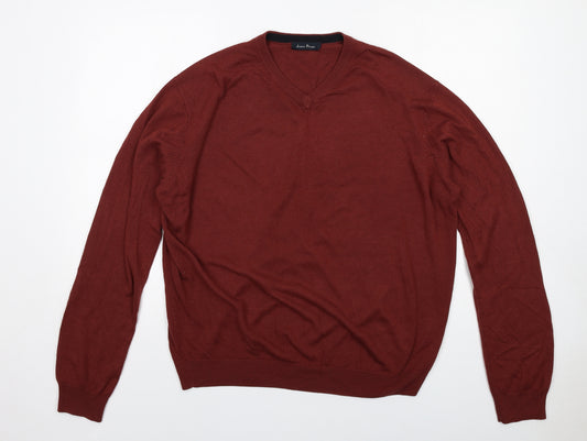 EWM Mens Red V-Neck Acrylic Pullover Jumper Size L Long Sleeve