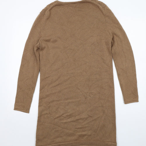 Jaeger Womens Brown Cotton Jumper Dress Size M V-Neck Pullover