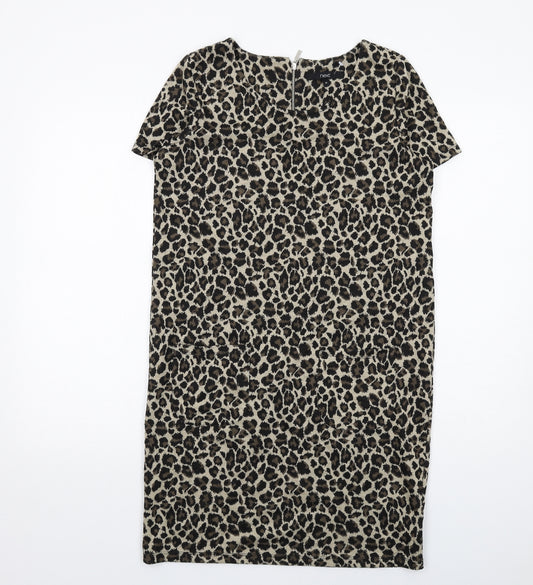 NEXT Womens Brown Animal Print Polyester T-Shirt Dress Size 10 Round Neck Zip - Leopard pattern
