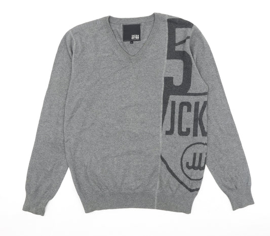 JACK & JONES Mens Grey V-Neck Cotton Pullover Jumper Size L Long Sleeve