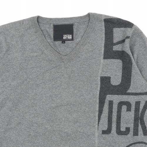 JACK & JONES Mens Grey V-Neck Cotton Pullover Jumper Size L Long Sleeve