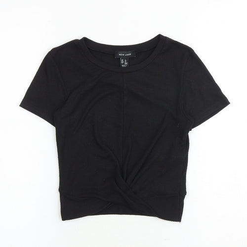 New Look Womens Black Polyester Cropped T-Shirt Size 8 Round Neck